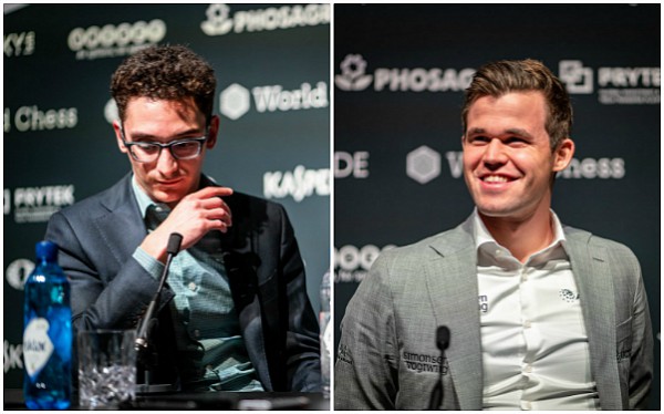 Nella conferenza stampa un Caruana pensoso. Carlsen visibilmente soddisfatto per essere uscito vivo da una posizione difficile