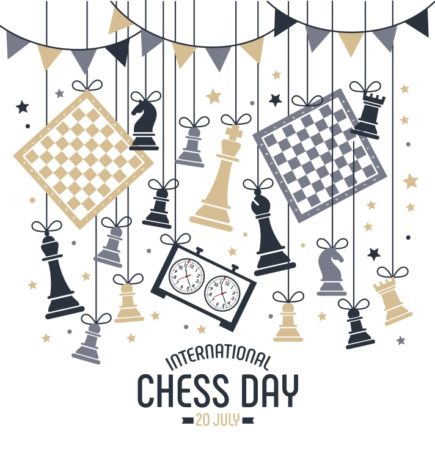International chess day is celebrated annually on July 20, chess pieces Board and clock.